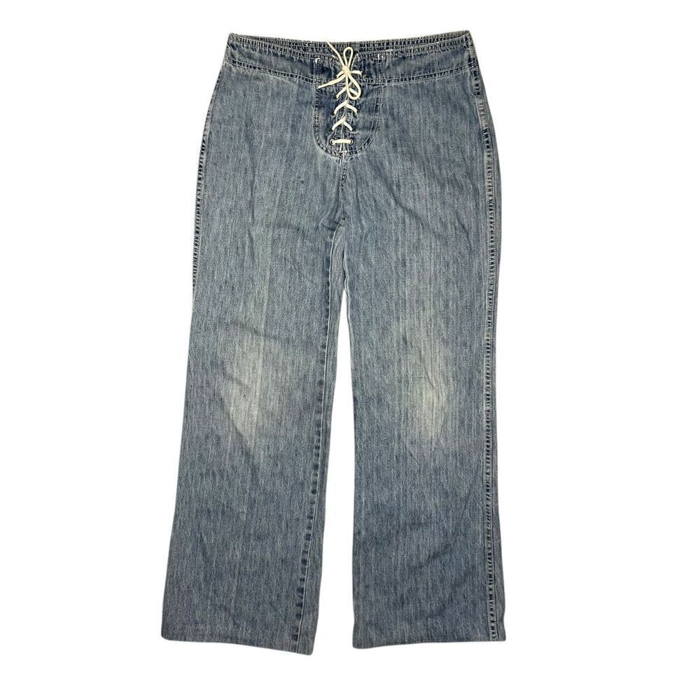 Vintage lei Juniors 7 Lace Up Flare Low Rise Jeans Light Wash Denim Y2K